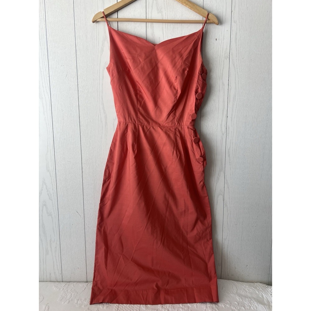 1960's Coral Sheath dress Small Union Made Fitted Sweetheart Side Buttons Read
